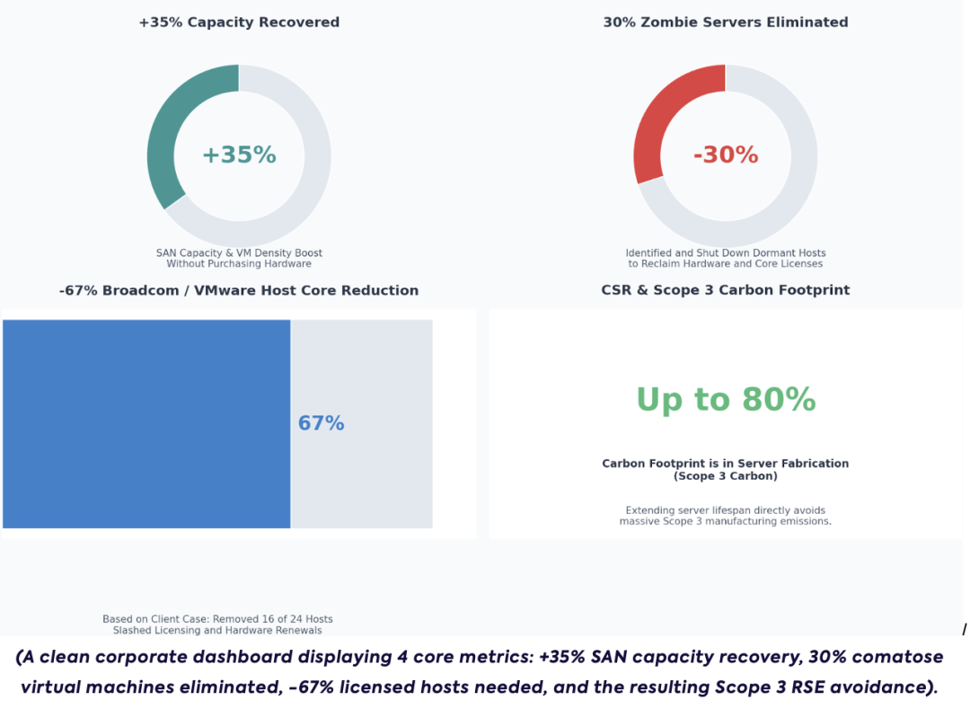 (A clean corporate dashboard displaying 4 core metrics: +35% SAN capacity recovery, 30% comatose virtual machines eliminated, -67% licensed hosts needed, and the resulting Scope 3 RSE avoidance).